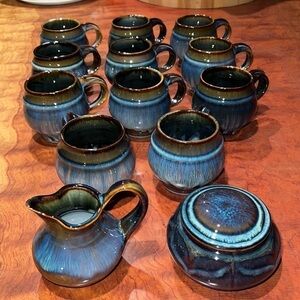 14 Piece Set Glazed Stoneware Mugs, Creamer and Sugar Canister - Stunning